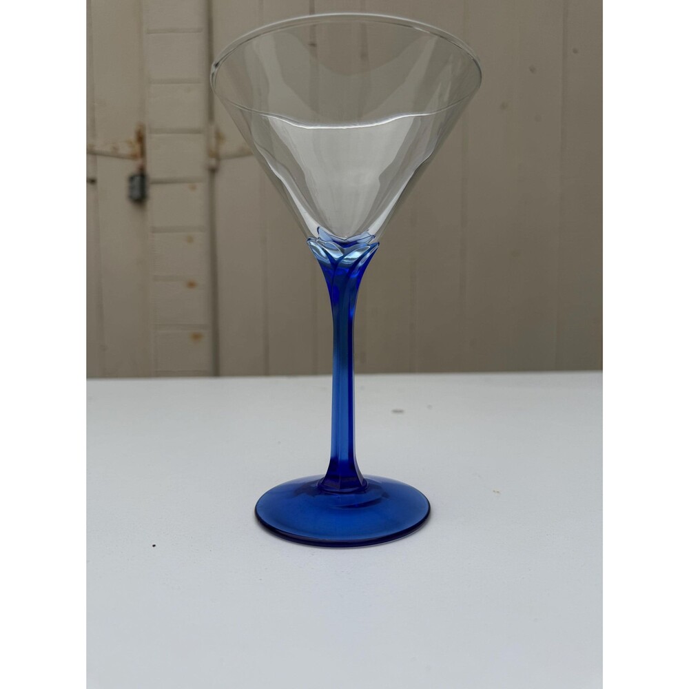 Single Clear Martini Glass with a vibrant blue stem and base